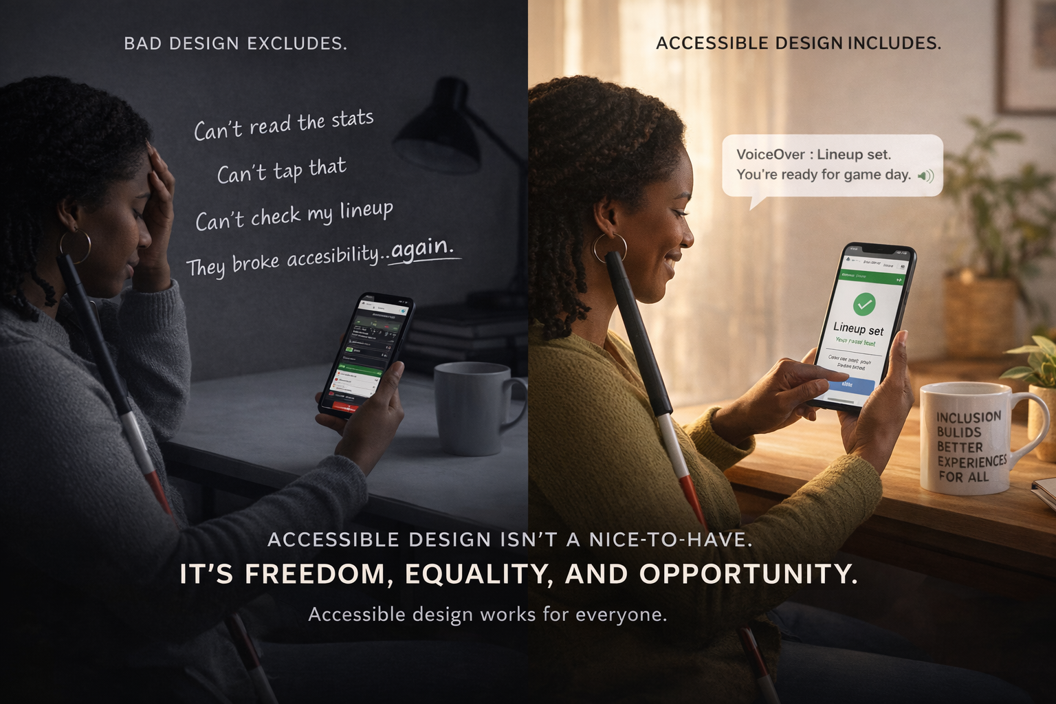 A blind woman sits in a café using a smartphone with a fantasy sports app. A white cane rests on the table beside her. The phone screen shows accessible options like “Set My Lineup,” “Check Scores,” and “Place A Bet,” with VoiceOver on. She is using the app independently and comfortably, highlighting how accessible design enables equal access to everyday activities.